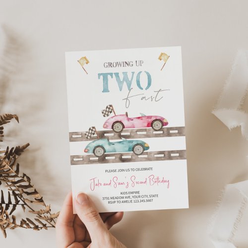 Retro Race Cars Twins Birthday Invitation 