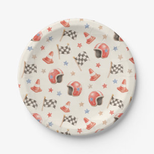 Retro Racing Helmet Checkered Flag Birthday Paper Plates
