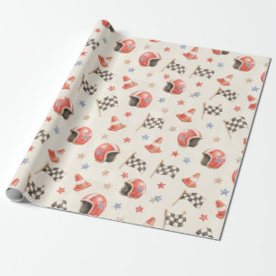 Retro Racing Helmet Checkered Flag Birthday Wrapping Paper