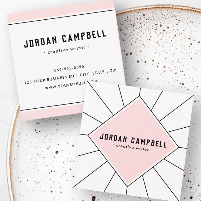 Retro radial geometric pink white minimal square business card (Retro radial geometric pink white minimal square business card)