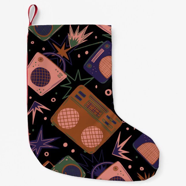 Retro radios, tape recorders pattern. small christmas stocking (Front)