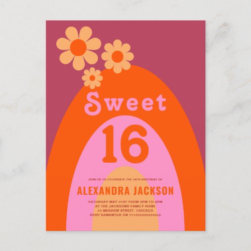 Retro Rainbow 16th Birthday Party Invitation Postcard