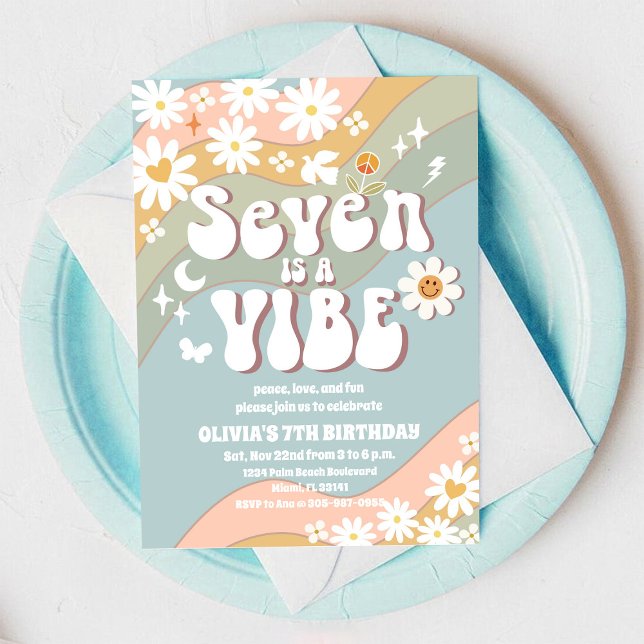 Retro Rainbow 7th Birthday Invitation (Creator Uploaded)