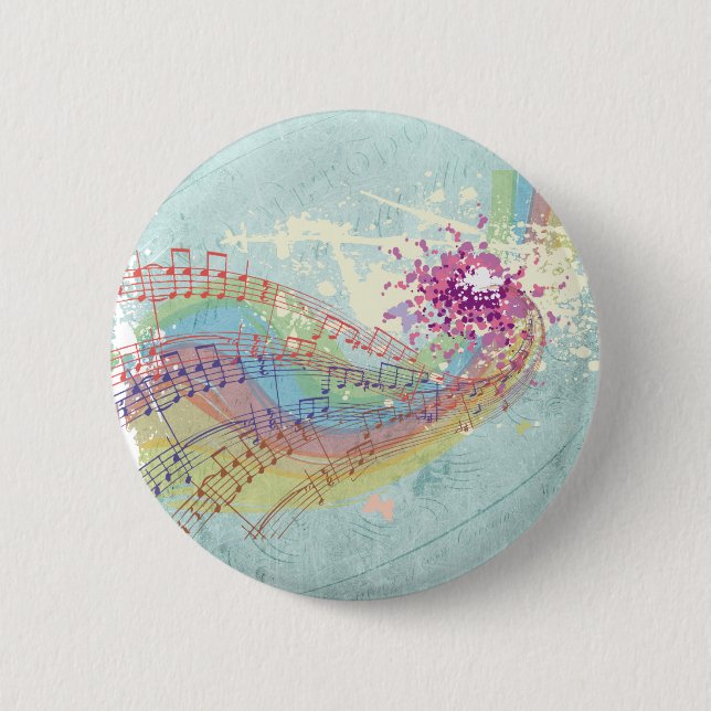 Retro Rainbow and Music Notes on a Shabby Texture Button (Front)