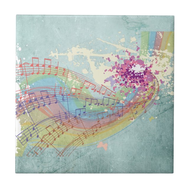 Retro Rainbow and Music Notes on a Shabby Texture Ceramic Tile (Front)