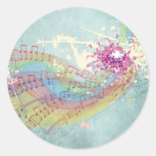 Retro Rainbow and Music Notes on a Shabby Texture Classic Round Sticker