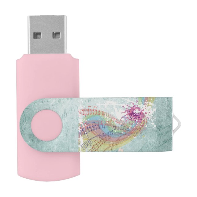 Retro Rainbow and Music Notes on a Shabby Texture Flash Drive (Opened)