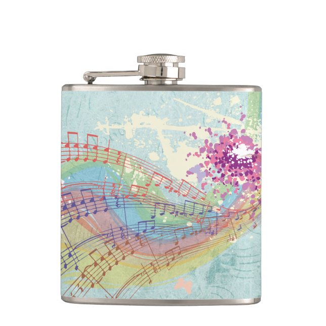 Retro Rainbow and Music Notes on a Shabby Texture Flask (Front)