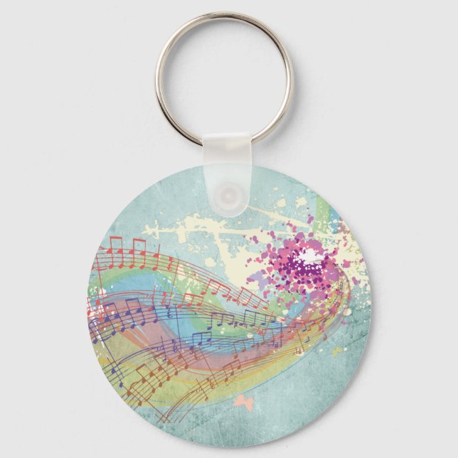 Retro Rainbow and Music Notes on a Shabby Texture Keychain (Front)