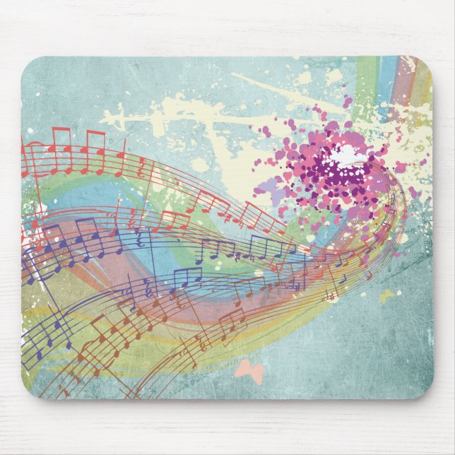 Retro Rainbow and Music Notes on a Shabby Texture Mouse Pad (Front)