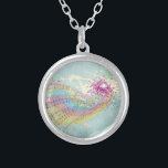 Retro Rainbow and Music Notes on a Shabby Texture Silver Plated Necklace<br><div class="desc">This exciting musical themed image is a funky retro design of a pastel colored rainbow with dark multicolored music notes on pieces of sheet music exploding outward. Butterflies and paint splatters seem to burst forth from the center. The background is a faded, dark green, vintage style, shabby grunge texture with...</div>