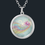 Retro Rainbow and Music Notes on a Shabby Texture Silver Plated Necklace<br><div class="desc">This exciting musical themed image is a funky retro design of a pastel colored rainbow with dark multicolored music notes on pieces of sheet music exploding outward. Butterflies and paint splatters seem to burst forth from the center. The background is a faded, dark green, vintage style, shabby grunge texture with...</div>