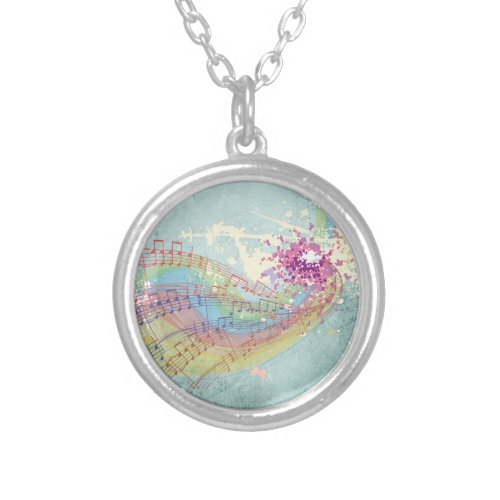 Retro Rainbow and Music Notes on a Shabby Texture Silver Plated Necklace