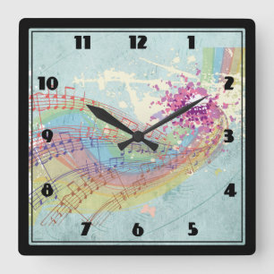 Retro Rainbow and Music Notes on a Shabby Texture Square Wall Clock