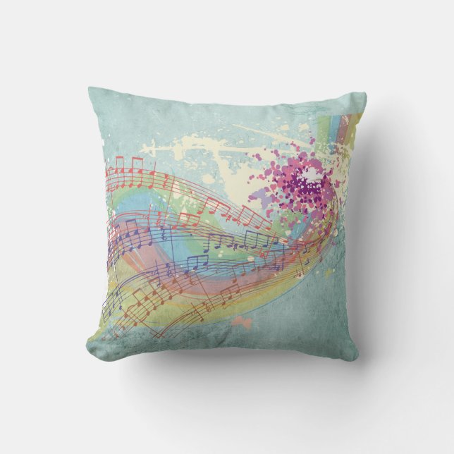 Retro Rainbow and Music Notes on a Shabby Texture Throw Pillow (Front)