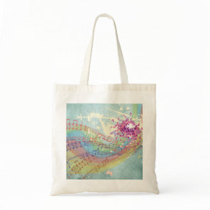 Retro Rainbow and Music Notes on a Shabby Texture Tote Bag