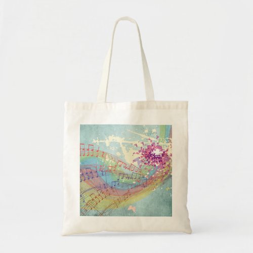 Retro Rainbow and Music Notes on a Shabby Texture Tote Bag