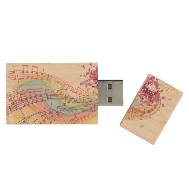 Retro Rainbow and Music Notes Wood Flash Drive (Opened)