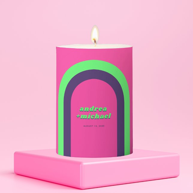 Retro Rainbow Arch Groovy 70s Pink & Teal Wedding Pillar Candle (Creator Uploaded)