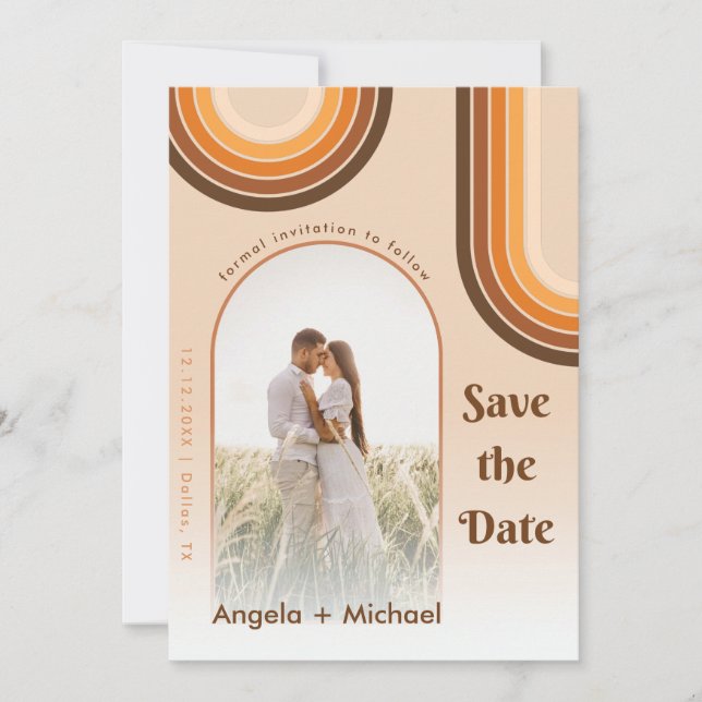 Retro Rainbow Arched Photo Boho 70s Groovy Trendy Save The Date (Front)