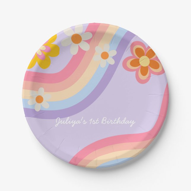 Retro Rainbow  Birthday  Paper Plates (Front)