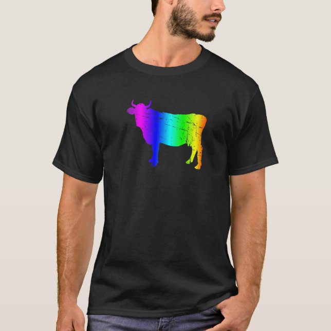 Retro Rainbow Bull Silhouette Graphic T-Shirt (Front)