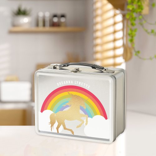 Retro Rainbow Clouds Faux Gold Unicorn Name Kids Metal Lunch Box