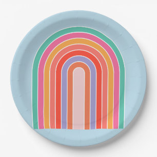Retro Rainbow Colorful Blue Paper Plates