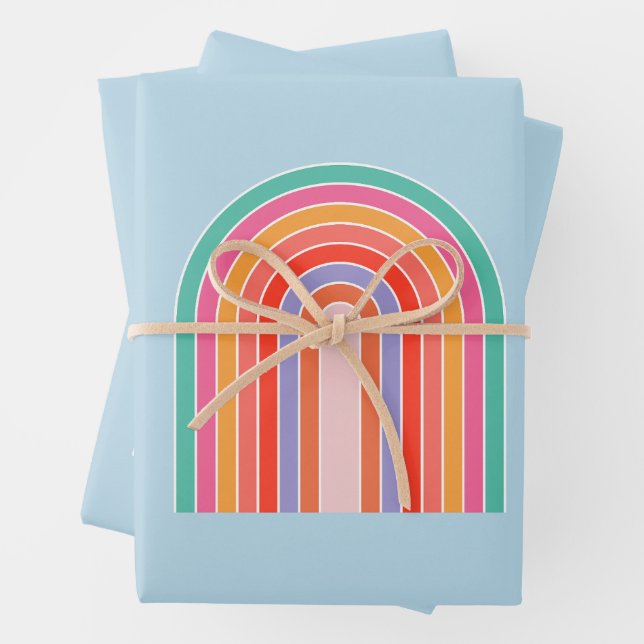 Retro Rainbow Colorful Blue Wrapping Paper Sheets (In situ)