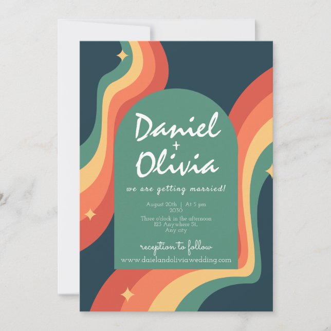 Retro Rainbow Corner with QR Photo Wedding Invitation (Front)