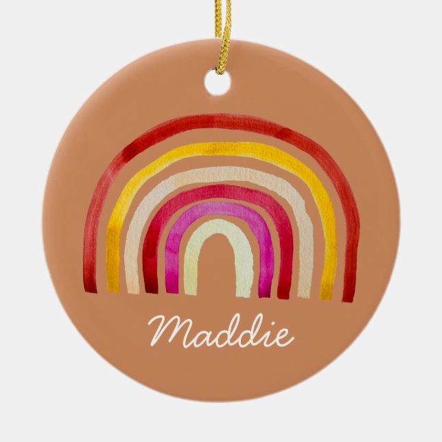 Retro Rainbow cute watercolor Ceramic Ornament (Front)