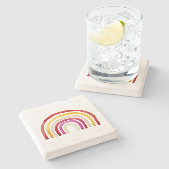 Retro Rainbow cute watercolor Stone Coaster (Side)