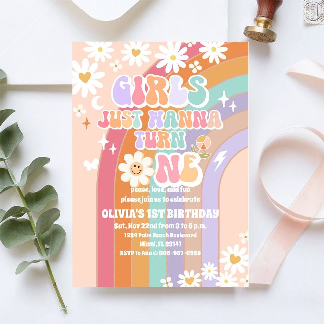 Retro Rainbow Daisy Birthday Invitation (Creator Uploaded)