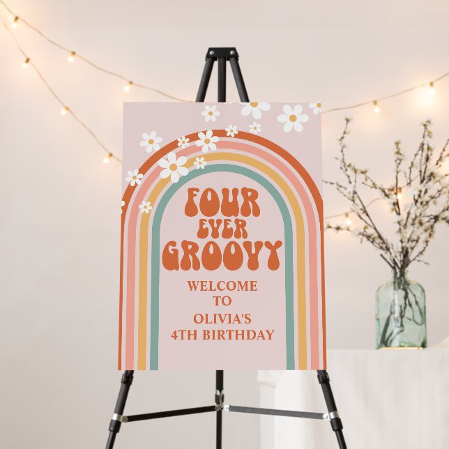 Retro Rainbow Daisy Four Ever Groovy 4TH Birthday Foam Board (In Situ (Stand))