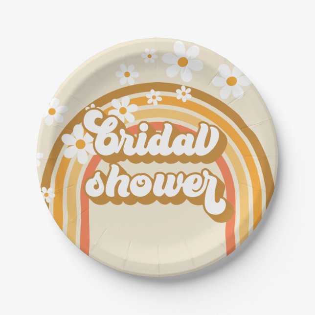 Retro Rainbow Daisy Groovy bridal shower Paper Plates (Front)