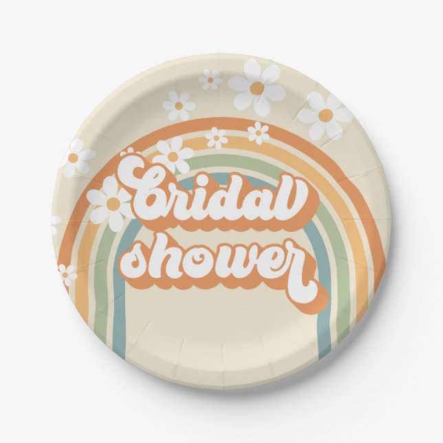 Retro Rainbow Daisy Groovy bridal shower Paper Plates (Front)