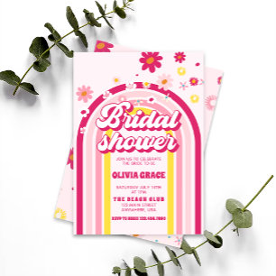 Retro Rainbow Daisy Groovy Pink Bridal Shower Invitation
