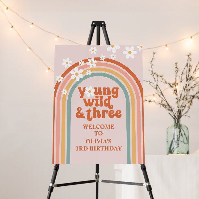 Retro Rainbow Daisy Young Wild Three 3rd Birthday Foam Board (In Situ (Stand))