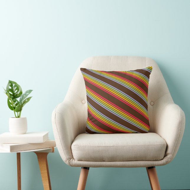 Retro Rainbow Diagonal Stripe Brown Vintage Throw Pillow (Chair)