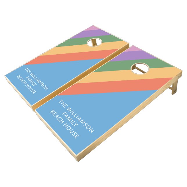 Retro Rainbow Diagonal Stripes Personalized Cornhole Set (Angled)