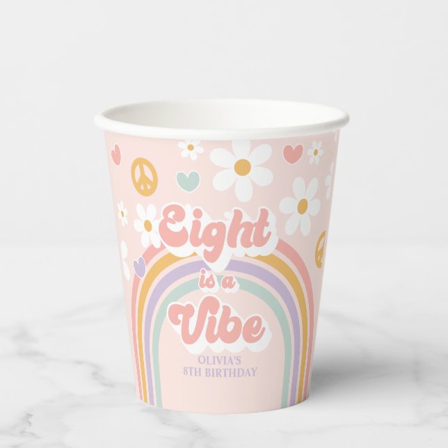 Retro Rainbow Eight is a Vibe 8th Birthday Paper Cups (Front)