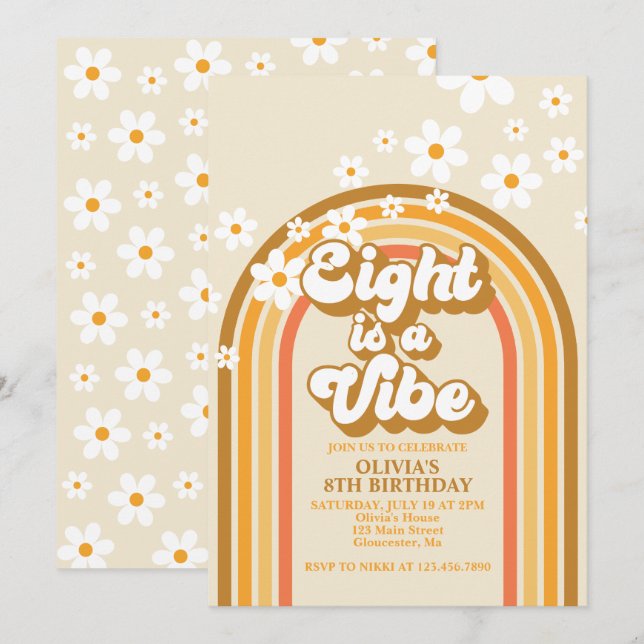 Retro Rainbow Eight is a Vibe Groovy 8th Birthday Invitation (Front/Back)