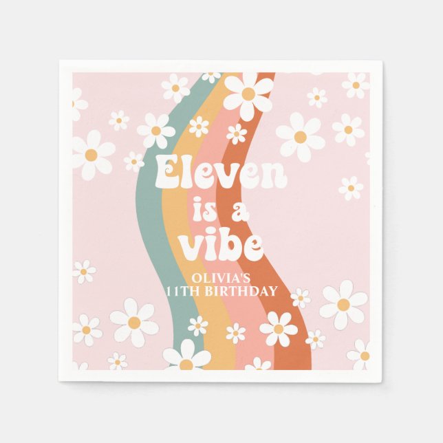 Retro Rainbow Eleven is a Vibe Daisy 11th Birthday Napkins (Front)