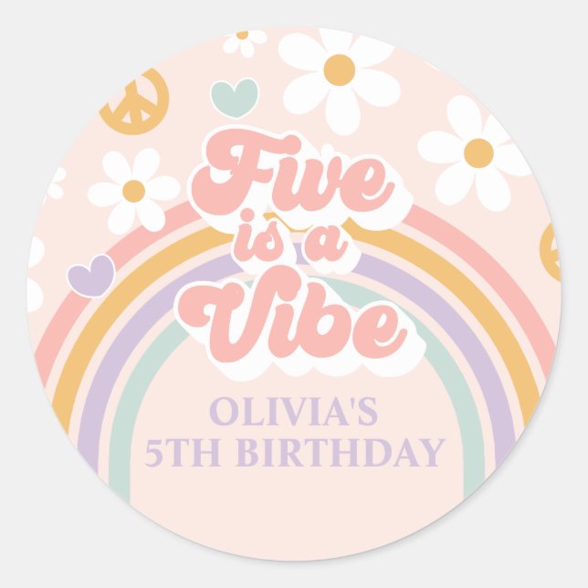 Retro Rainbow Five is a Vibe 5th Birthday Classic Round Sticker (Front)