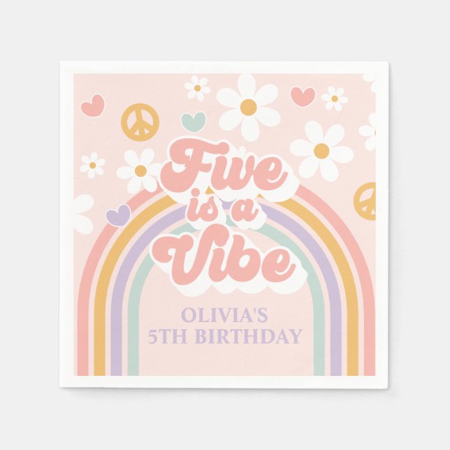 Retro Rainbow Five is a Vibe 5th Birthday Napkins (Front)