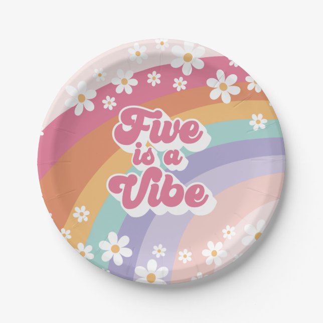 Retro Rainbow Five is a Vibe 5th Birthday Paper Plates (Front)