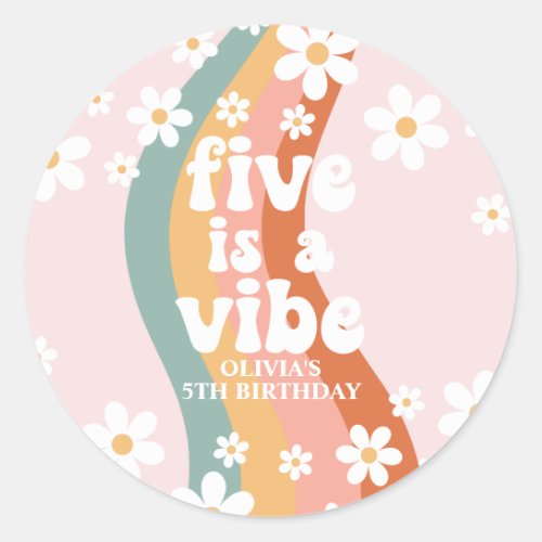 Retro Rainbow Five is a Vibe Daisy 5th Birthday Classic Round Sticker