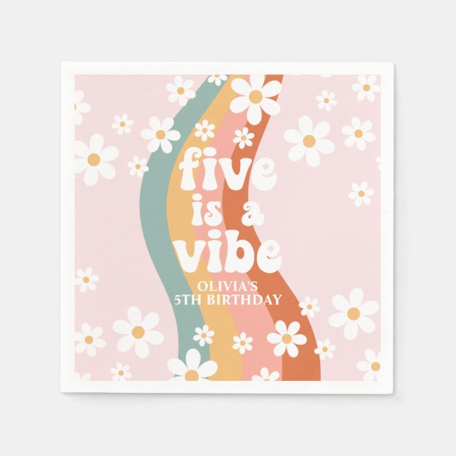 Retro Rainbow Five is a Vibe Daisy 5th Birthday Napkins (Front)