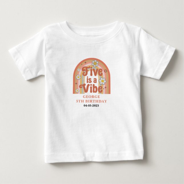 Retro Rainbow FIVE is a Vibe Groovy 5th Birthday Baby T-Shirt (Front)
