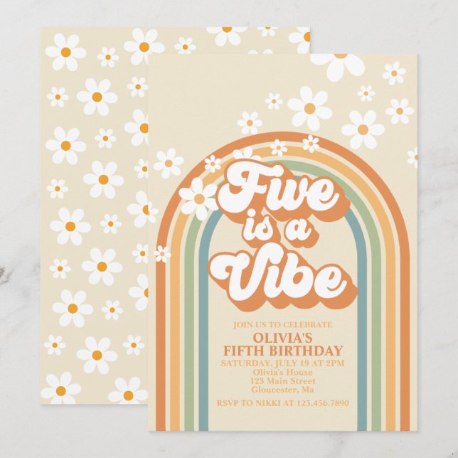 Retro Rainbow FIVE is a Vibe Groovy 5th Birthday I Invitation (Front/Back)